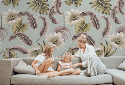 Fototapeta vintage - Biały hibiskus i liście palmowe