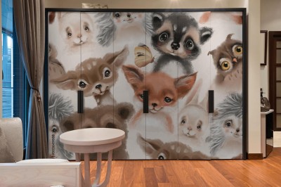 Naklejka na szafę do pokoju dziecka z malowanym akwarelą portretem leśnych zwierzaków
