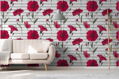 Fototapeta Vector floral seamless pattern  Colorful floral pattern with red poppies on striped background 