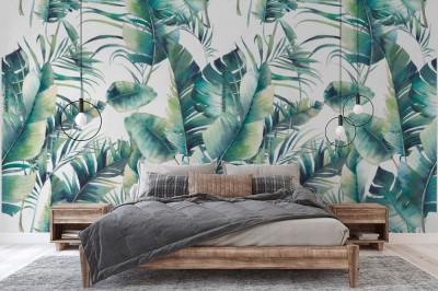 Tapeta z tropikalnym wzorem liści malowanych akwarelą