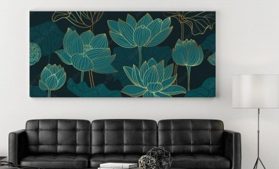 Obraz na płótnie z luksusowym wzorem lotosu ze złotą linią i szmaragdowozielonym tłem