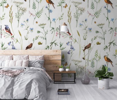 Tapeta Deseń z ptakami i kwiatami na białym tle