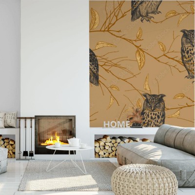 Tapeta Wzór z ptaków leśnych, sowy i gałęzi drzew