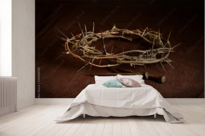 Fototapeta Korona cierniowa i gwoździe na tkaninie