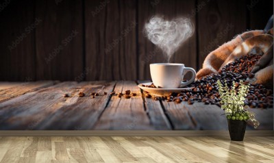 Fototapeta Tradycyjny kubek kawy z parą w kształcie serca na rustykalnym drewnie