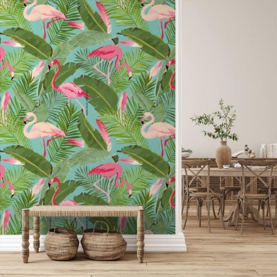 Tapeta Flamingi na tle tropikalnych liści i kwiatów