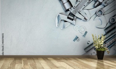 Fototapeta Metalowe narzędzia i elementy mocujące na porysowanym metalu