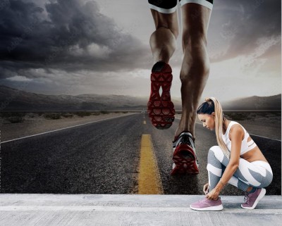 Fototapeta Tło sportowe  Biegacz cieki biega na drogowym zbliżeniu na bucie