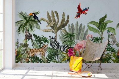 Fototapeta Zwierzęta, kwiaty i drzewa w dżungli w stylu vintage