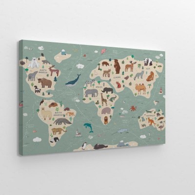 Obrazy do salonu Rysowane zwierzęta na mapie świata