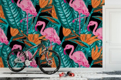 Tapeta Piękny tropikalny wielokolorowy wzór z różowym flamingiem