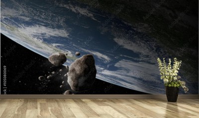 Fototapeta Scena kosmosu z asteroidą i planetą Ziemią