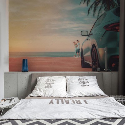 Fototapeta Niebieski samochód parkujący na plaży