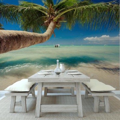 Fototapeta Piękne drzewko palmowe na plaży nad morzem karaibskim