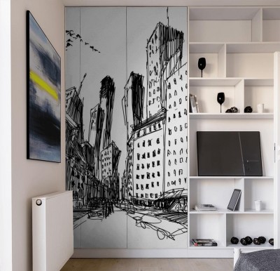 Naklejka na szafę ręcznie rysowane szkic architektoniczny nowoczesnego miasta z wysokimi budynkami i ulicą