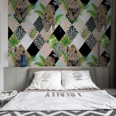 Tapeta Tropikalne liście palmowe i egzotyczne lamparty