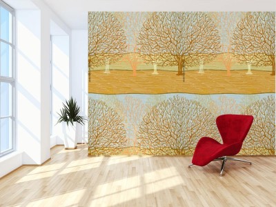 Fototapeta z jasno brązowym wzorem gołych, rozłożystych drzew bez liści