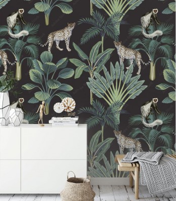 Tapeta Tropikalny wzór vintage z liśćmi i zwierzętami