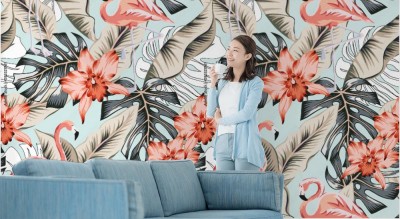 Fototapeta vintage z tropikalnym wzorem w różowego flaminga, kwiaty orchidei, banana i liście monstera na  jasnoniebieskim tle