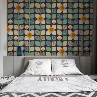 Tapeta Geometryczny wzór retro z liści i kwiatów