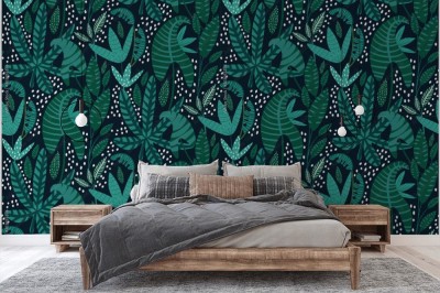 Fototapeta Modny, ilustrowany wzór roślin i tropikalnych liści 