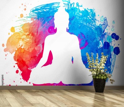 Fototapeta Siedząca sylwetka Buddy na tle akwareli