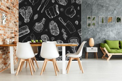 Fototapeta - Kawałki Mięsa Rysowane Kredą na Tablicy