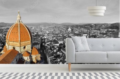 Fototapeta Czarno-biała panorama miasta Florencja, Włochy z selektywnym kolorem na katedrze