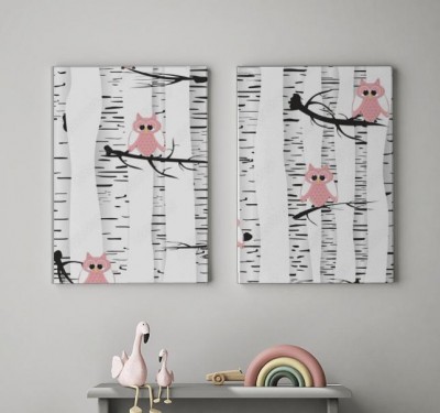 Obraz na płótnie w różowe sowy siedzące  na brzozie