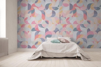 Tapeta z wzorem różnokolorowych nakładających się na siebie figur geometrycznych