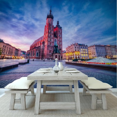 Fototapeta Bazylika Mariacka na Rynku Głównym w Krakowie o zmierzchu