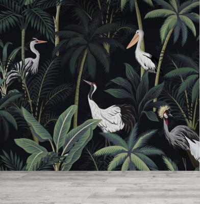 Tapeta Modny nocny tropikalny krajobraz z ptakami i liśćmi