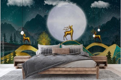 Fototapeta 3D - nocny krajobraz z ciemnoniebieskim lasem