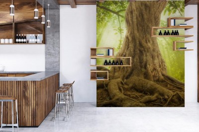 Fototapeta Wielkie korzenie drzew i promień słońca w zielonym lesie