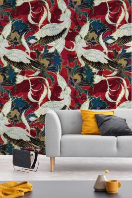 Tapeta Modny japoński deseń żurawia na czerwonym tle