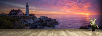 Fototapeta Piękny zachód słońca nad latarnią morską na Pacyfiku