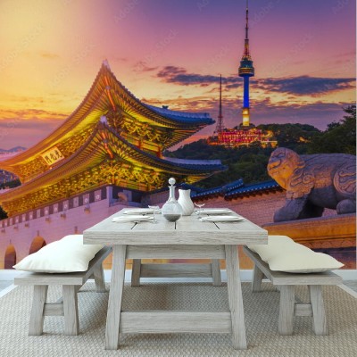 Fototapeta Punkt orientacyjny Korei z zadaszoną wieżą Gyeongbokgung n Seoul, Korea Południowa
