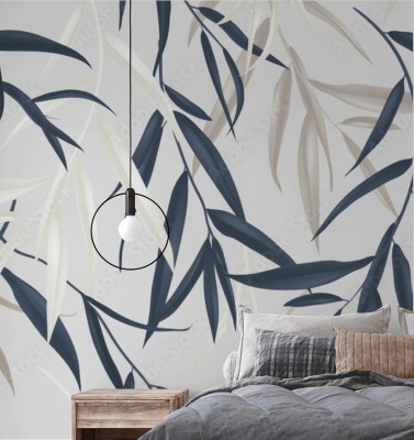 Tapeta Wielokolorowe liście wierzby płaczącej na jasnoszarym tle