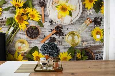 Fototapeta Zastawa stołowa i sztućce ze słonecznikami