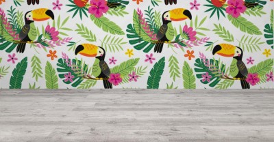 Tapeta z tropikalnymi ptakami i liśćmi