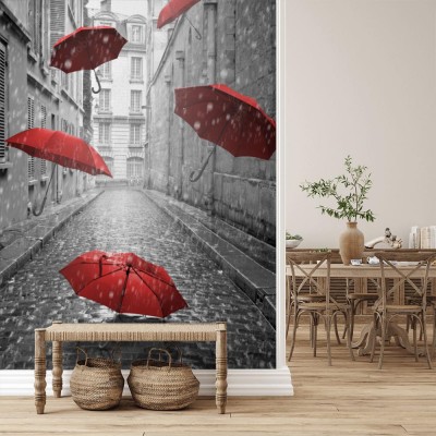 Fototapeta Czerwone parasole na czarno białej Paryskiej ulicy