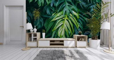 Fototapeta z wzorem w ciemne tropikalne liście