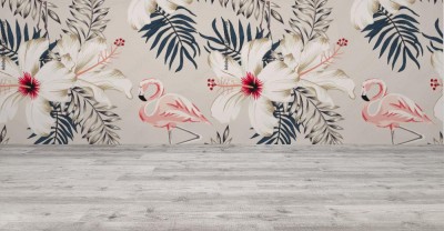 Tapeta Kwiatowy wzór z różowym flamingiem