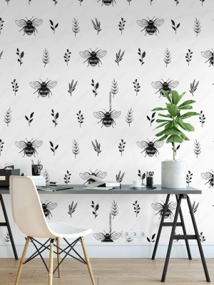 Fototapeta Ręcznie rysowany w stylu minimalistycznym wzór z liści i pszczół