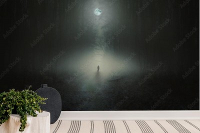 Fototapeta Surrealistyczna scena grozy z samotnym dziwnym mężczyzną w lesie ciemnej nocy