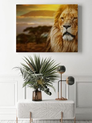 Obraz na płótnie Portret lwa na tle sawanny i góry Kilimandżaro