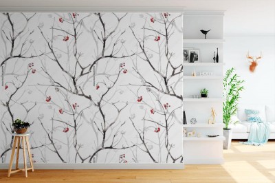 Tapeta z modnym wzorem do mieszkania z gałązkami jarzębiny