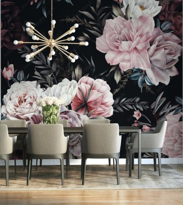 Fototapeta z wzorem w kwiaty na ciemnym tle