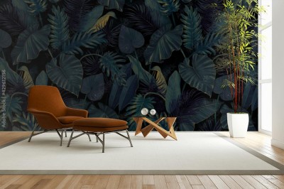 Fototapeta z ciemną tropikalną grafiką