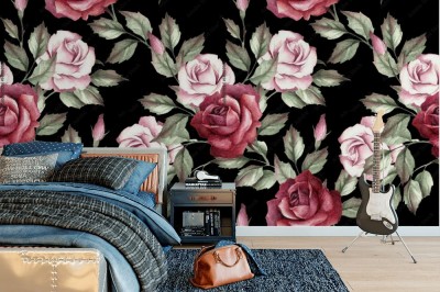 Tapeta z roślinnym motywem róży malowanej akwarelą na ciemnym tle